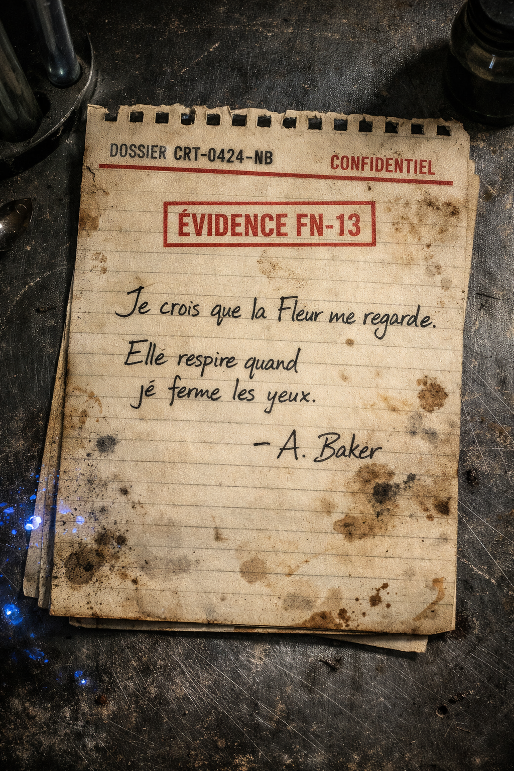 Note manuscrite d’Alicia Baker liée à l’incident CRT‑0424